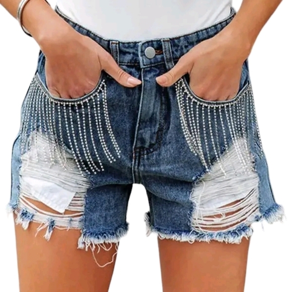Dark Blue Distressed Frayed Detail Fringe Rhinestone Denim Shorts - Picture 1 of 11